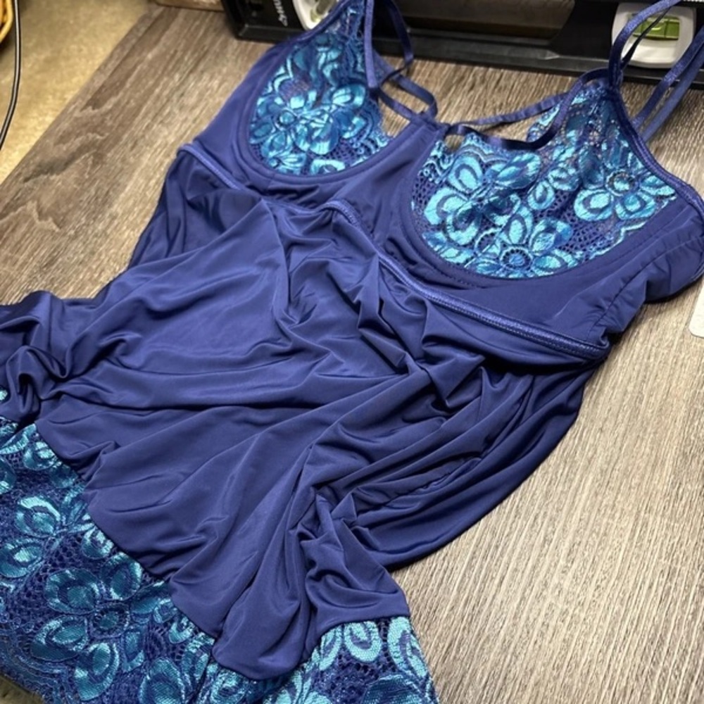 Lace-Trim Navy & Teal Chemise Slip - Picture 2 of 3